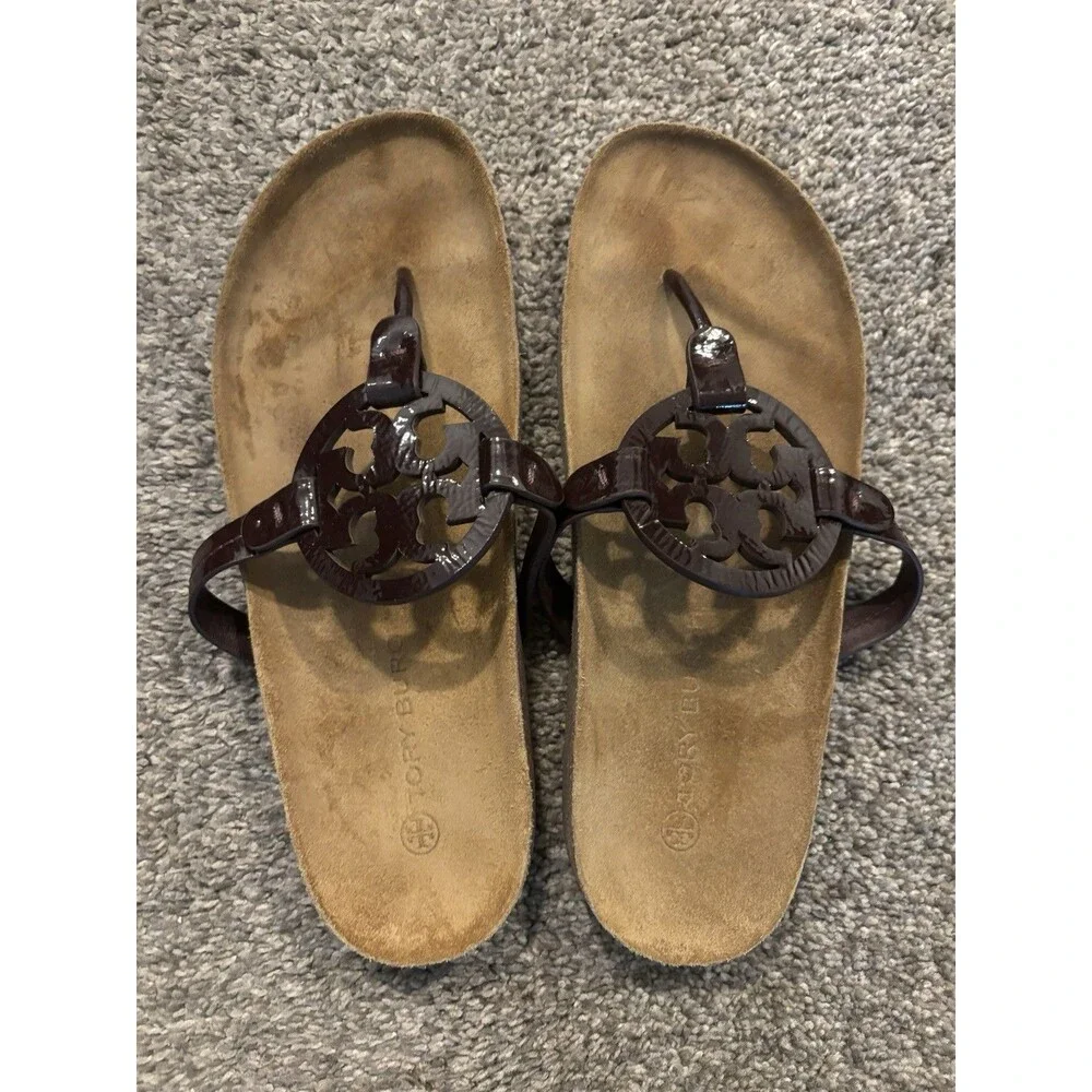 Tory Burch Miller Cloud Patent Leather Cork Thong Sandal Purple Size 10